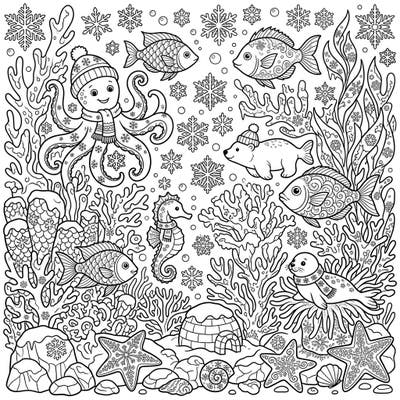 Explore a whimsical underwater world where coral reefs meet a frosty winter wonderland. This enchanting coloring page features a variety of festive sea creatures, all bundled up and ready for your creative touch.