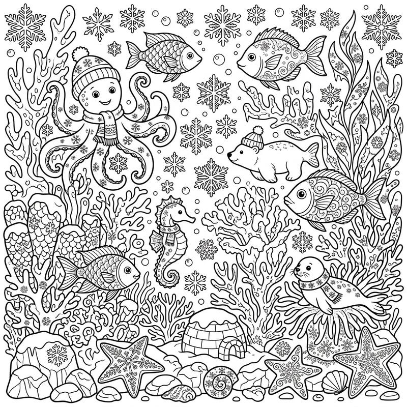 Explore a whimsical underwater world where coral reefs meet a frosty winter wonderland. This enchanting coloring page features a variety of festive sea creatures, all bundled up and ready for your creative touch.