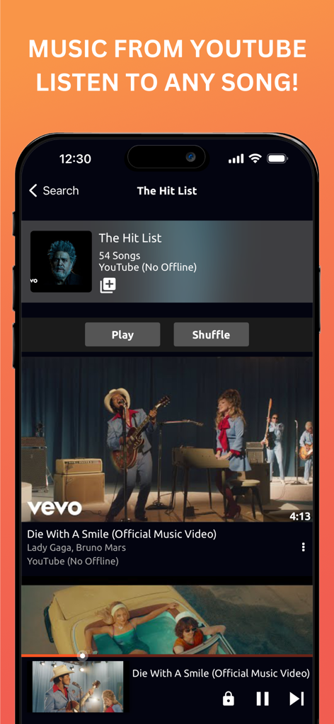 A mobile app interface showing music streaming from YouTube with a music video playing.