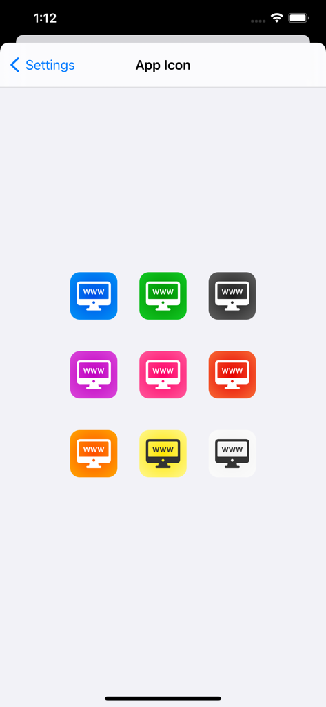 Ein Raster von neun bunten App-Symbol-Anpassungsoptionen im Einstellungsmenü.