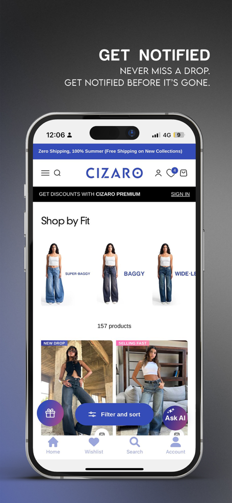 Cizaro Ägypten Shopping-App-Bildschirm mit Damen-Denim-Styles und Benachrichtigungen für neue Drops.