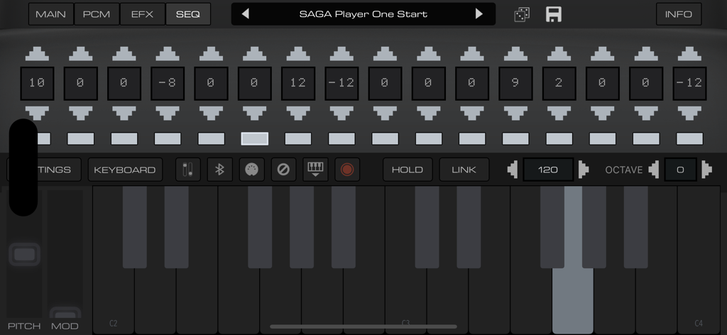 SAGA Synth | 16-Bit Sonic Fun! - Interfaz del secuenciador por pasos de 16 bits de la aplicación móvil SAGA Synth con teclado de piano digital