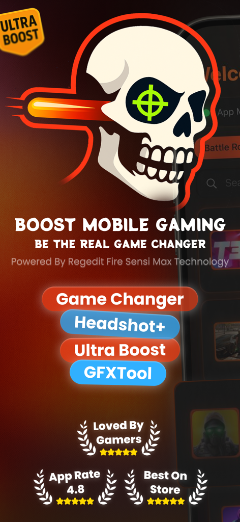 Interface de l'application GFX Pro Headshot Game Booster avec le logo du crâne et des outils d'optimisation pour le jeu mobile.