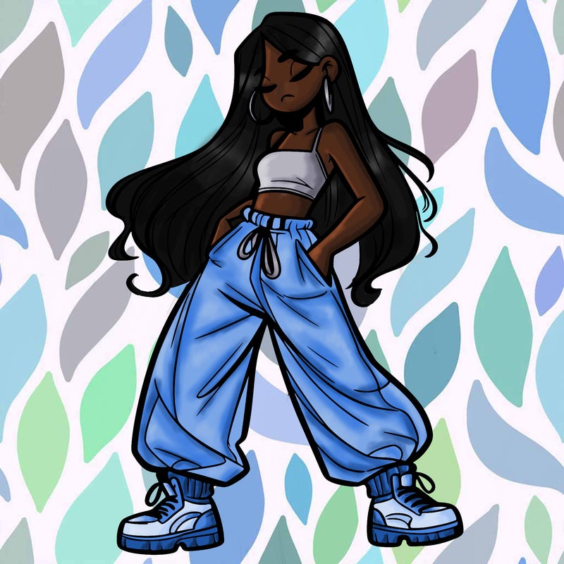 girl in baggy pants crop top and long hair