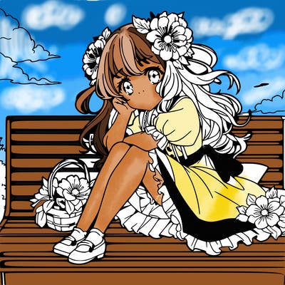 anime flower girl sitting on a bench in the sky