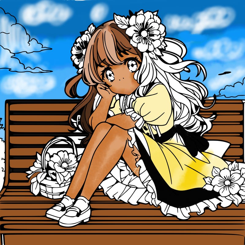 anime flower girl sitting on a bench in the sky