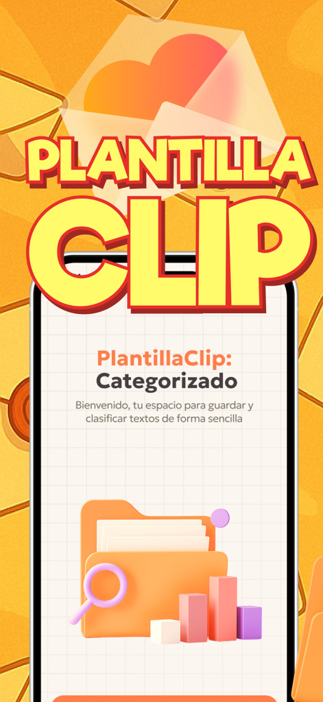 TemplateClip: Categorized - Welcome screen of the TemplateClip Categorized app with a 3D folder and magnifying glass icon on an orange background