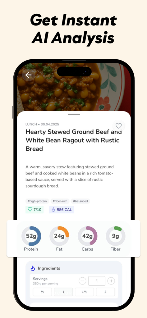 NutriGuide: AI calorie counter - Pantalla de la aplicación NutriGuide mostrando análisis IA instantáneo de una comida con seguimiento detallado de macronutrientes y calorías