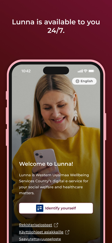 Lunna digital platform - Welcome screen of the Lunna digital health and social welfare platform showing a woman holding a smartphone.