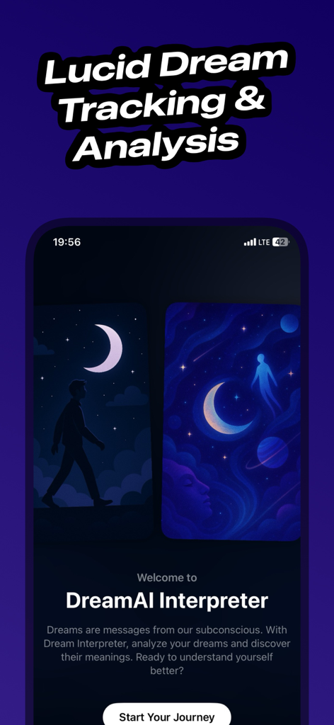 Welcome screen for the Dream Meaning AI Interpreter app featuring lucid dream tracking and analysis.