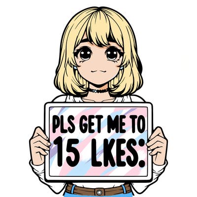 realistic girl holding up a sign that says “pls get me to 15 likes!”