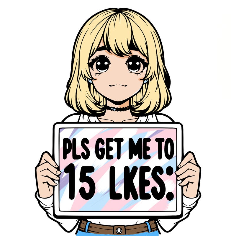 realistic girl holding up a sign that says “pls get me to 15 likes!”