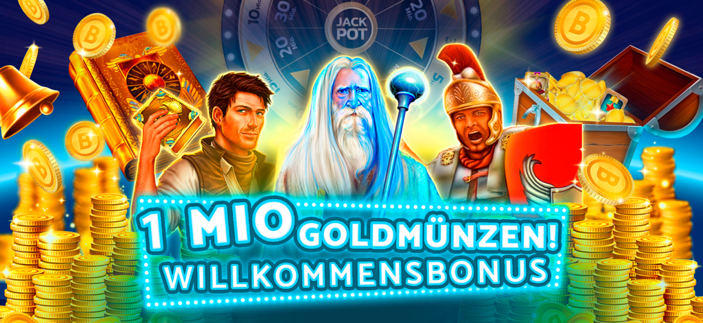 CrazyBuzzer Casino Slot Spiele - CrazyBuzzer Casino welcome bonus banner with adventurer, wizard, and roman characters and piles of gold coins