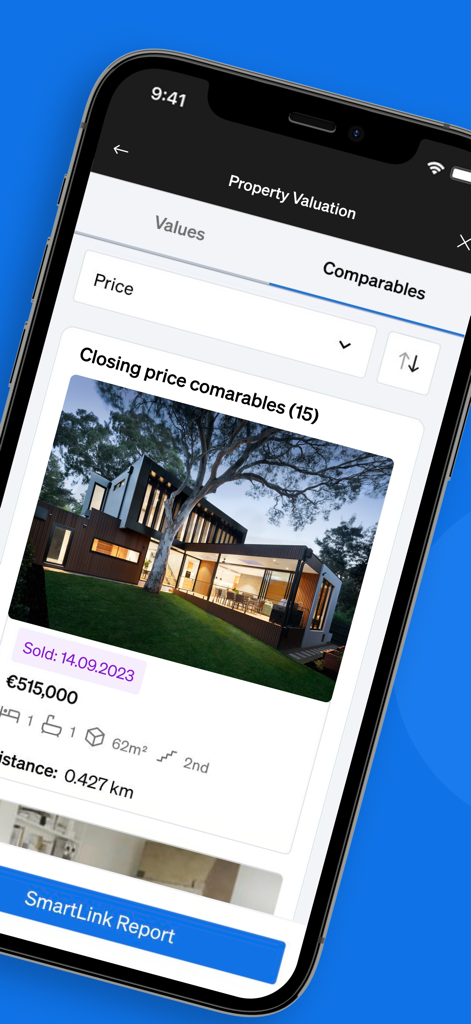 Pantalla de valoración de propiedades en Casafari AI que muestra listados de comparables vendidos y datos de precios