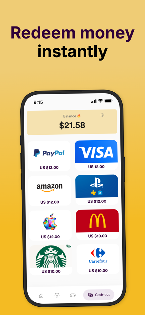 Pantalla de la aplicación Golden Surveys que muestra opciones de canje de dinero instantáneo, incluyendo PayPal, Amazon y tarjetas de regalo de Visa