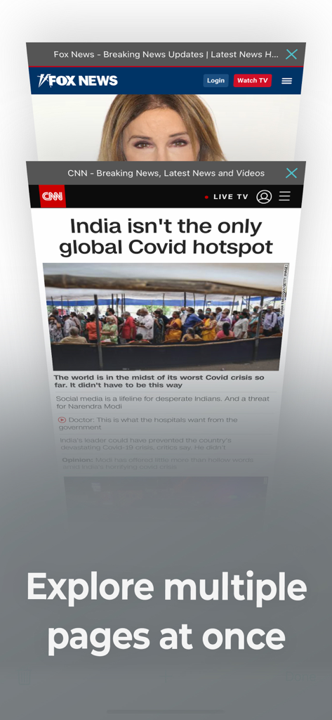 Safe Page Web Browser interface showing multiple stacked browser tabs with news content.