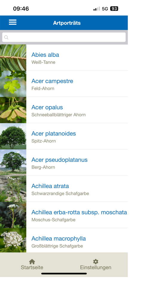 The species portraits screen in the Feldbotanik app showing a list of plants with Latin names and thumbnails