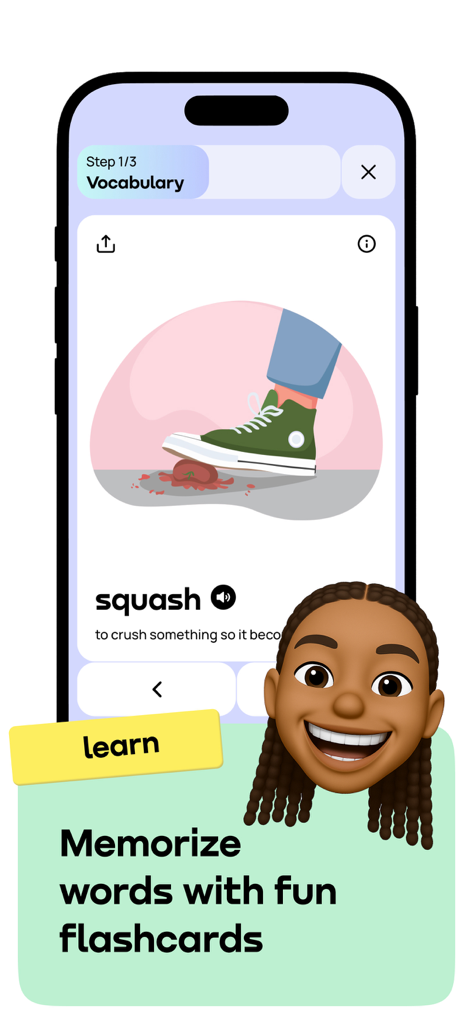 Promova: Language Learning App - Promova 앱 인터페이스, 'squash'라는 단어에 대한 어휘 플래시 카드, 설명 그림 및 웃는 아바타 표시