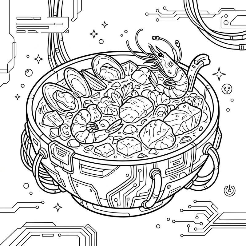 Explore a unique blend of culinary delight and futuristic design with this Cyberpunk Seafood Chowder coloring page. Immerse yourself in a world where rich seafood meets high-tech aesthetics, ready for your creative touch.