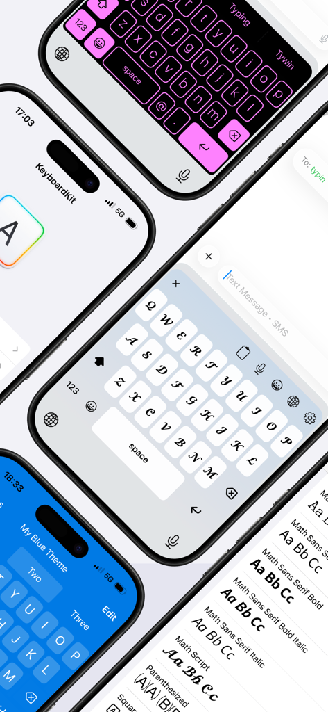 KeyboardKit - Una colección de iPhones que muestran diferentes temas de teclado personalizados y estilos de fuente únicos de KeyboardKit