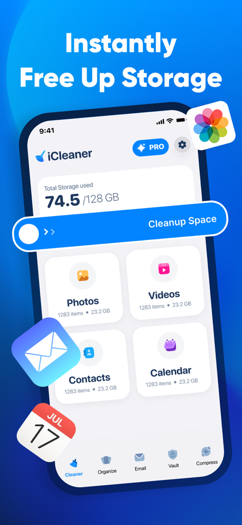 Interfaz de la aplicación móvil iCleaner que muestra opciones para liberar almacenamiento de fotos, videos y contactos