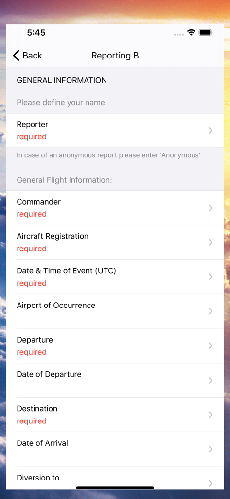 IQSMS Reporting B - Digital flight safety report form showing fields for aircraft registration and flight details
