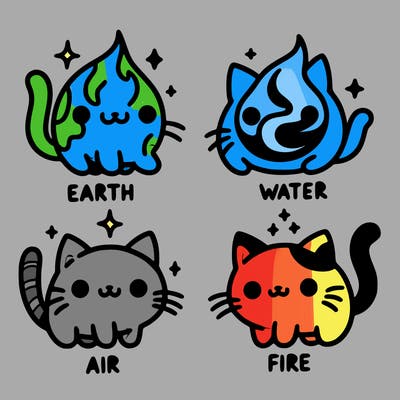 4 cats that represent the different elements, earth, water, air, and fire