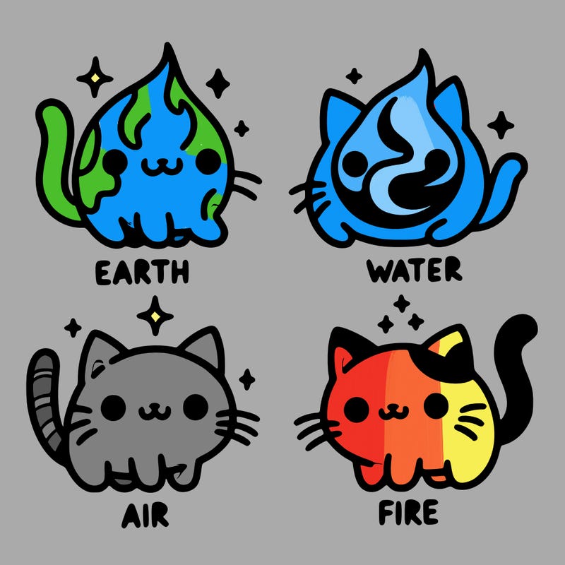 4 cats that represent the different elements, earth, water, air, and fire