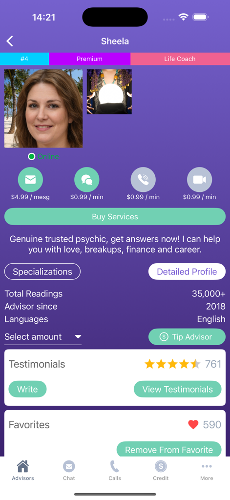 Profile page of a premium psychic advisor named Sheela offering chat and call services for love and career guidance.