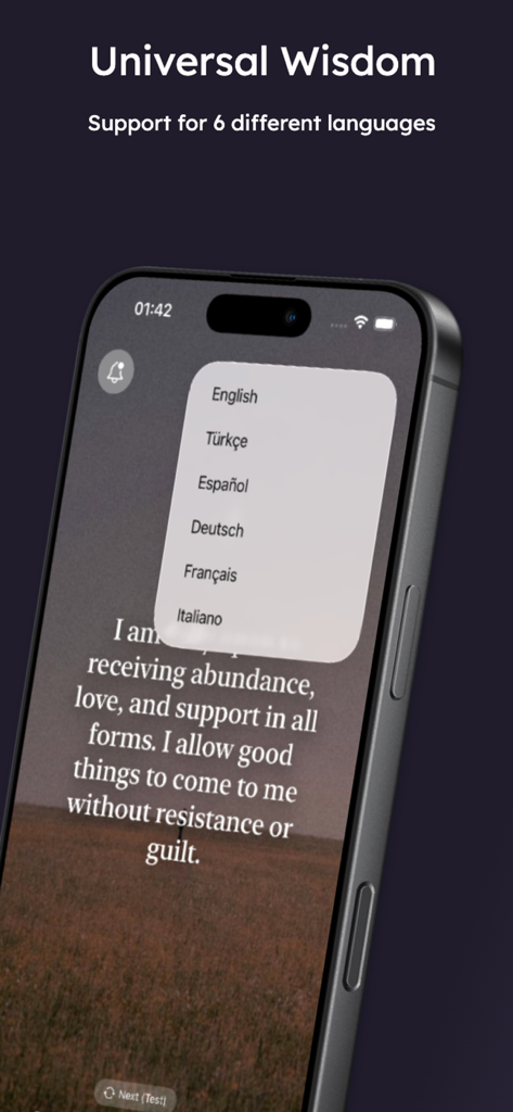 Daily Whisper: Affirmations - A screen from the Daily Whisper app showing a language selection menu with English Turkish Spanish German French and Italian options