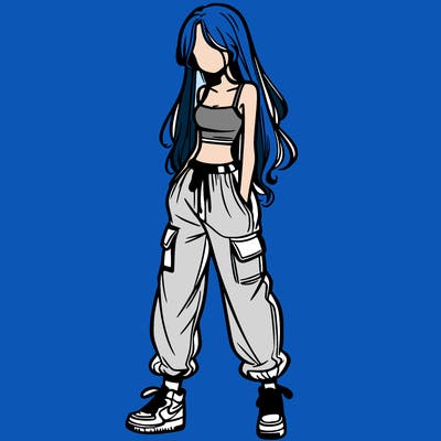 girl in baggy pants crop top and long hair