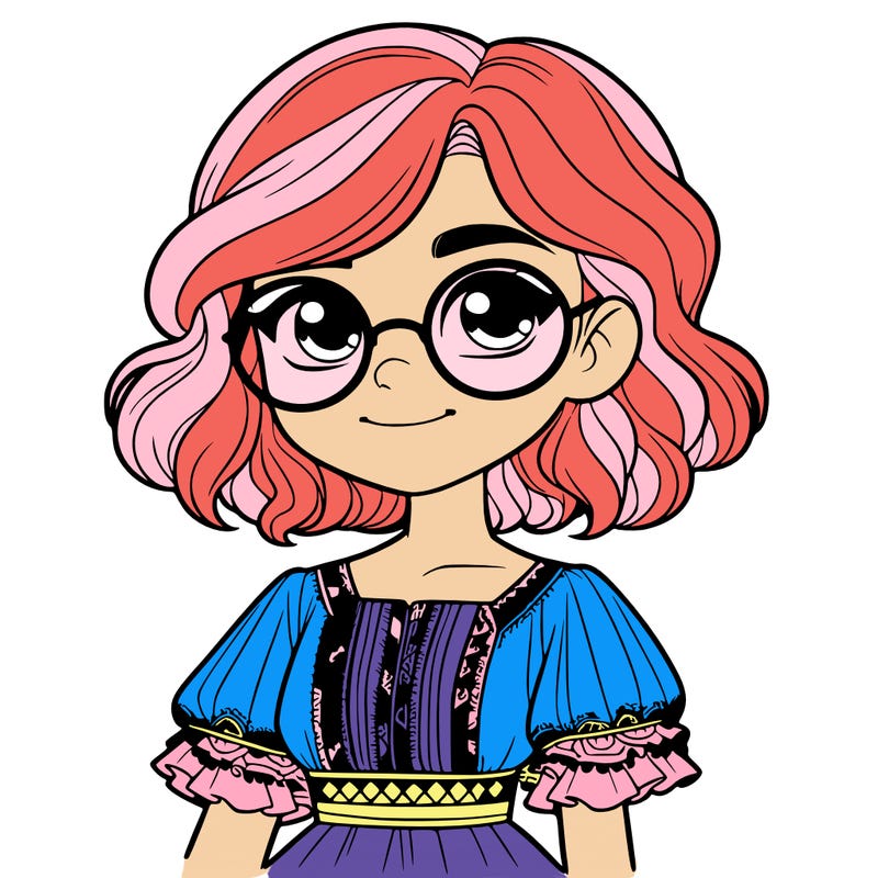 one girl with medium short hair, which are wavy. she has round glasses. she wears a latina outfit.