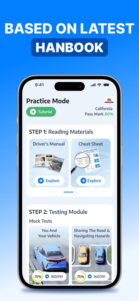 DMV Permit Practice Test: Luma - Screenshot of the DMV Permit Practice Test Luma app showing practice mode with reading materials and mock tests for California