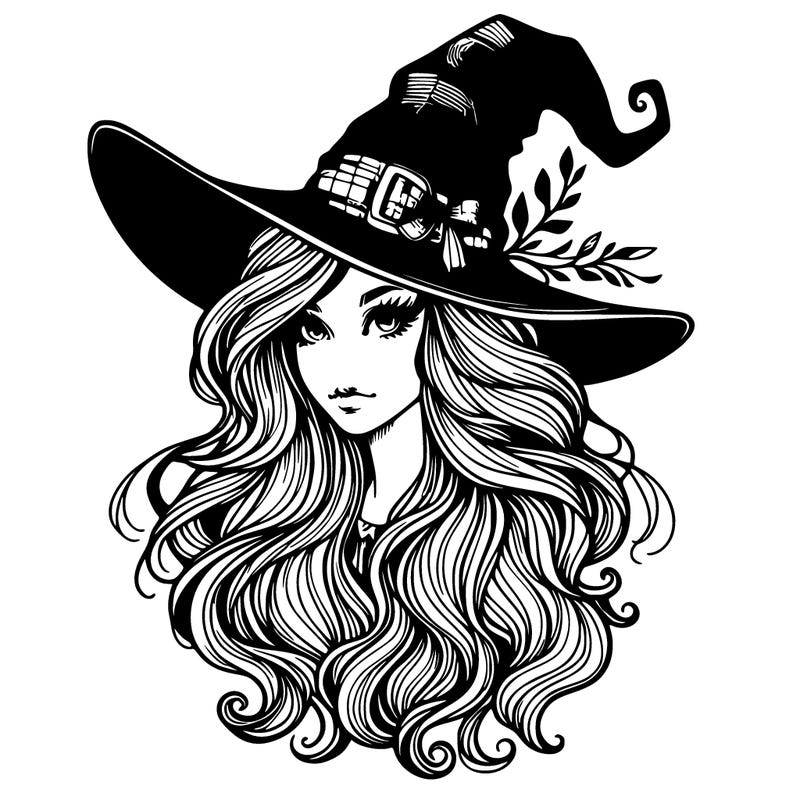 gorgeous realistic witch with long hair and with a witch hat