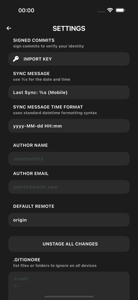 GitSync - Settings interface of GitSync app showing configurations for signed commits, author details, sync messages, and gitignore files.