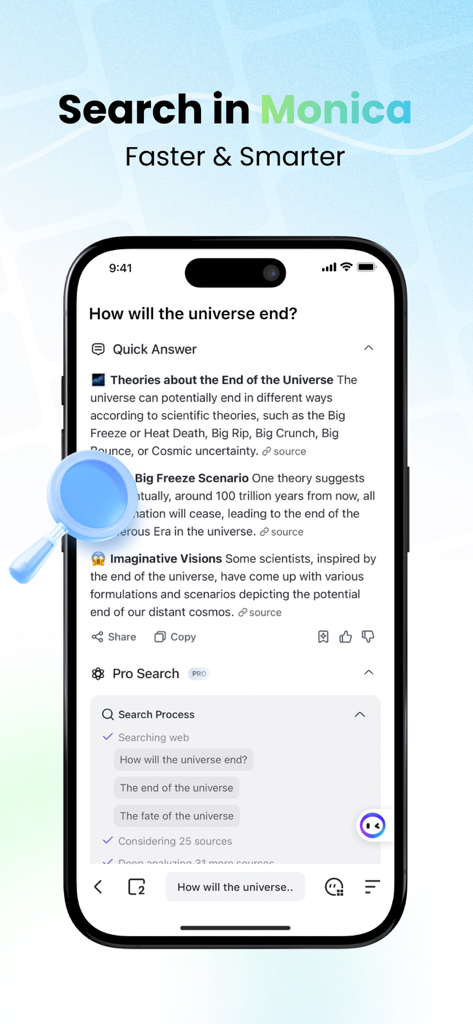 Monica Search: AI Search & GPT - Interface de l'application Monica Search présentant des réponses IA rapides et des capacités de recherche pro avancées