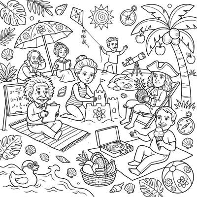 Dive into a world where science meets sunshine with our unique Scientific Pioneers Summer Vacation coloring page. Join legendary figures like Einstein and Curie as they enjoy a relaxing beach day, ready for your creative touch.
