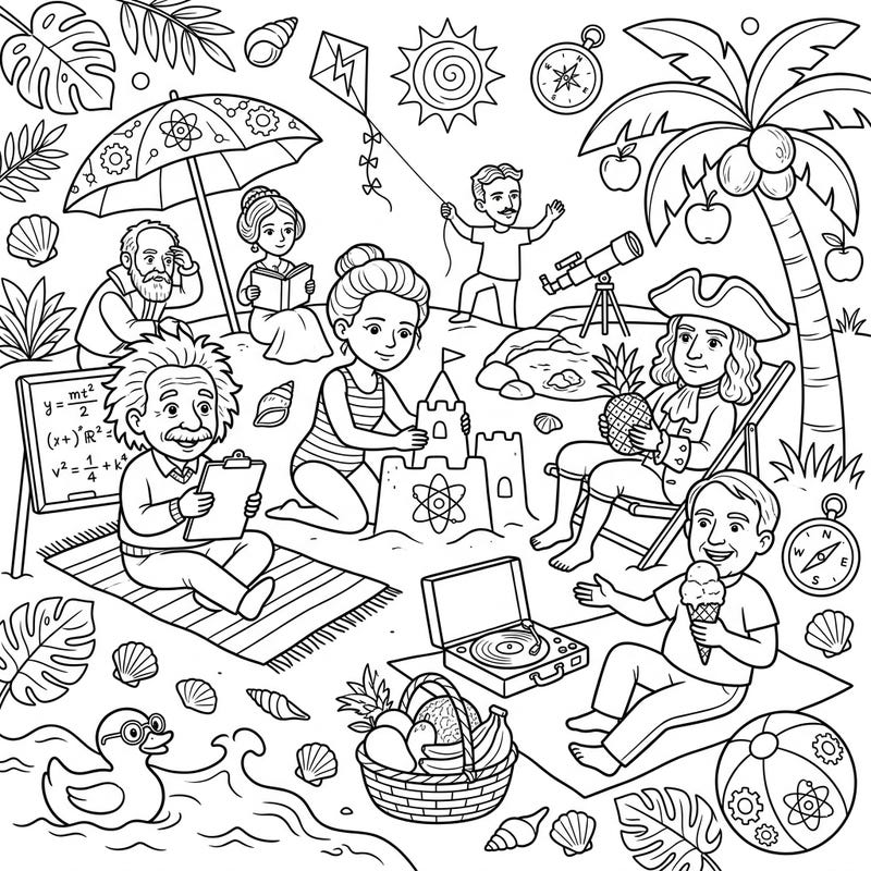 Dive into a world where science meets sunshine with our unique Scientific Pioneers Summer Vacation coloring page. Join legendary figures like Einstein and Curie as they enjoy a relaxing beach day, ready for your creative touch.