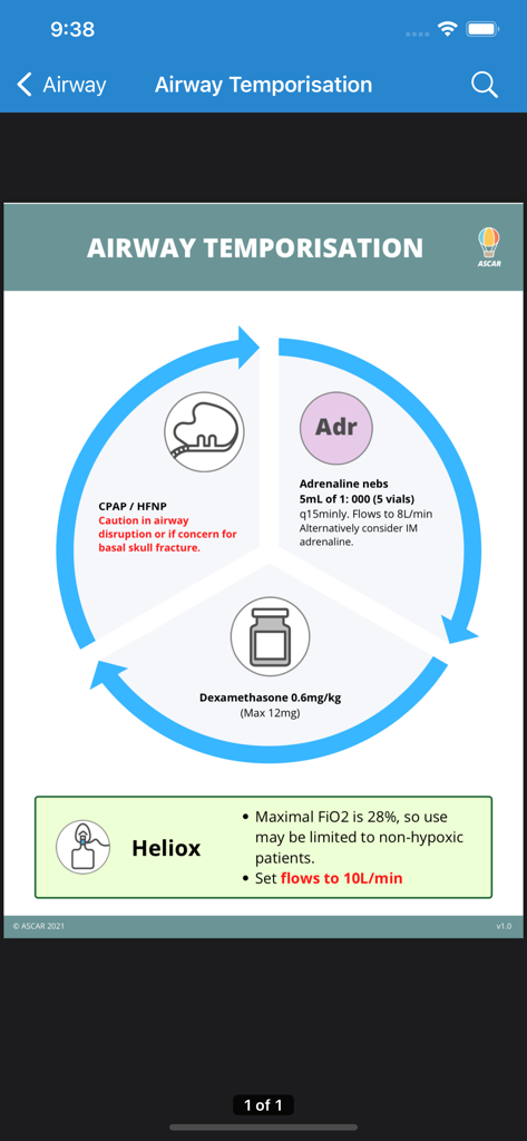 ASCAR - A medical cognitive aid for airway temporisation within the ASCAR app showing emergency protocols for CPAP adrenaline and dexamethasone