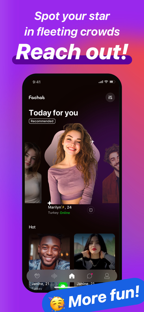 Fachat: Online Video Chat - L'interface de l'application Fachat présentant des cartes de profils recommandés pour la découverte d'appels vidéo en ligne.