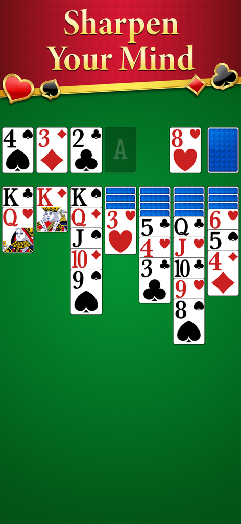 Jugabilidad de Solitario clásico con cartas de impresión grande y el texto "Afila tu Mente"