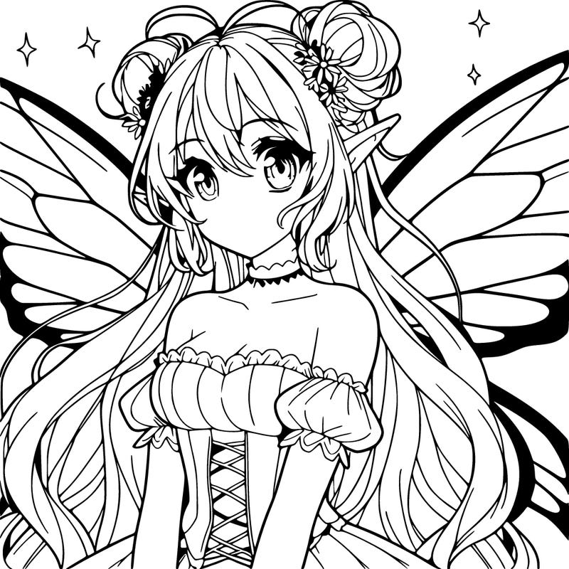 anime style beautiful fairy with big wings and long hair