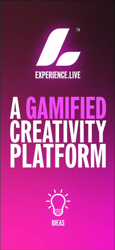 Experience live - Pantalla de presentación de la aplicación Experience live con el texto Una Plataforma de Creatividad Gamificada y un icono de bombilla de ideas