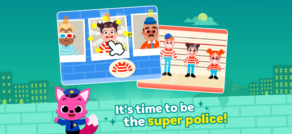 Pinkfong Police Heroes Game - El personaje de policía Pinkfong presenta pantallas del juego para identificar sospechosos y ladrones