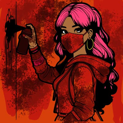 realistic girl with mask spray painting a wall