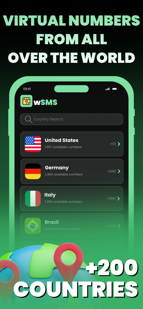 Interfaz de aplicación móvil que muestra números de teléfono virtuales de más de 200 países, incluidos Estados Unidos y Alemania, para verificación por SMS