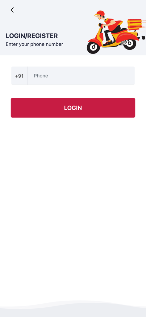 Login and registration screen of the PESITO food delivery app showing phone number login field.