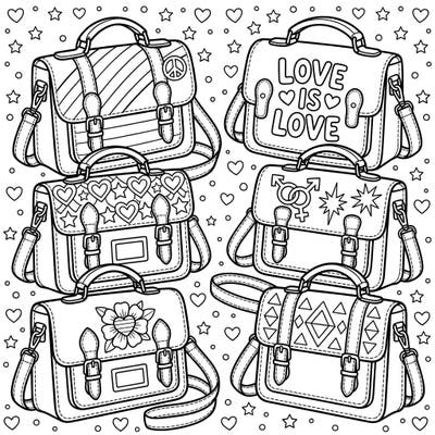 Show your true colors with this delightful coloring page featuring an array of stylish satchel bags adorned with empowering Pride themes. It's a wonderful way to celebrate diversity, love, and community through creativity.