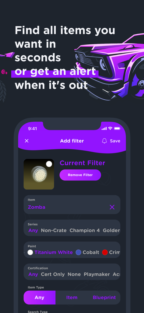RL Garage for Rocket League - Pantalla móvil que muestra el filtro de búsqueda de objetos de la aplicación RL Garage para objetos de Rocket League
