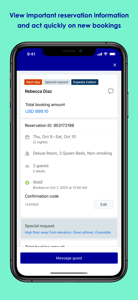Expedia Group Partner Central - Expedia Group Partner Central app interface showing a guest reservation with booking details and message option